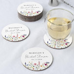 Dessous-de-verre Rond En Papier Élégante Fête des mariées de prairie Fleur sauvage<br><div class="desc">Dessous de verre en papier de douche à nuptiale fleurie avec bordure inférieure de fleurs sauvages d'aquarelle et feuillage dans les tons rose, jaune, violet, bleu et vert sur un arrière - plan blanc. Personnalisez les dessous de verre de douche de la mariée fleur sauvage avec le nom de la...</div>