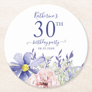 Dessous-de-verre Rond En Papier Élégante fête du 30e anniversaire rose violet