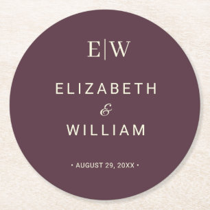 Dessous-de-verre Rond En Papier Elégante laque simple cerise, Mariage Monogramme