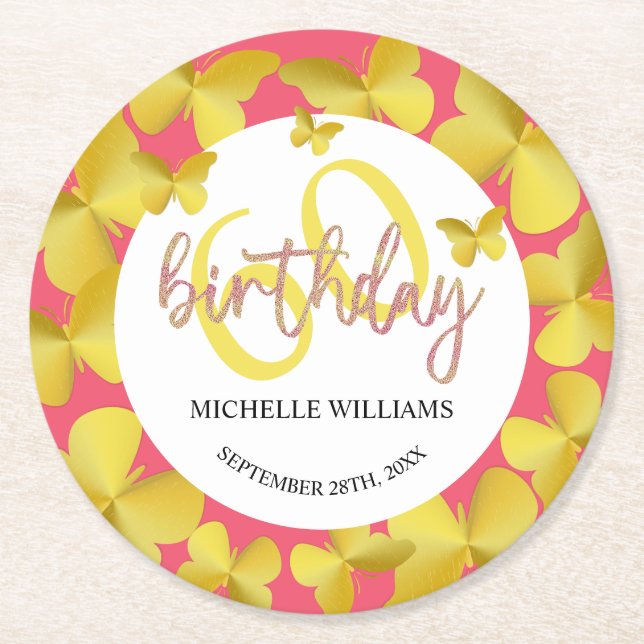 Dessous-de-verre Rond En Papier Élégante Parties scintillant Gold Butterfly Callig (Devant)