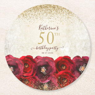 Dessous-de-verre Rond En Papier Élégante Rose rouge Floral Gold 50e fête d'anniver