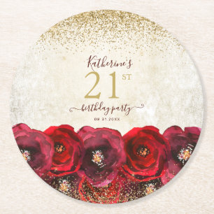 Dessous-de-verre Rond En Papier Élégante Rose rouge Floral Or 21e fête d'anniversa