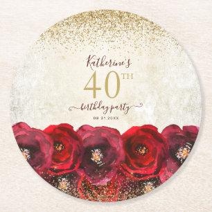 Dessous-de-verre Rond En Papier Élégante Rose rouge Floral or 40e fête d'anniversa