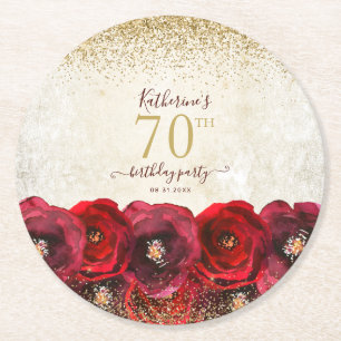 Dessous-de-verre Rond En Papier Élégante Rose rouge Floral Or 70e fête d'anniversa