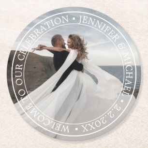 Dessous-de-verre Rond En Papier élégante typographie minimale accueil photo mariag