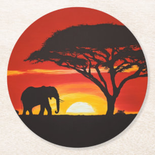 Dessous-de-verre Rond En Papier Eléphant africain au coucher du soleil