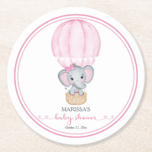 Dessous-de-verre Rond En Papier Eléphant rose bébé fille douche