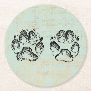 Dessous-de-verre Rond En Papier Empreintes de pattes de chien Vintage Art Mint cou