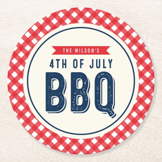Dessous-de-verre Rond En Papier En vichy rouge et bleu 4 juillet BBQ (Devant)