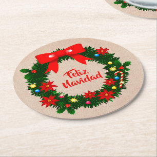 Dessous-de-verre Rond En Papier Ensemble de Feliz Navidad Merry Christmas Wreath B