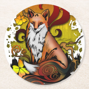 Dessous-de-verre Rond En Papier Ensemble de montagnes russes boisées Fox dans une