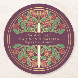 Dessous-de-verre Rond En Papier Épée de Mariage Médiévale Mauve Royale Or