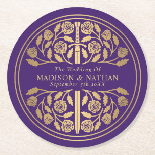 Dessous-de-verre Rond En Papier Épée médiévale royale violette dorée pour mariage