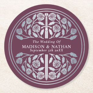 Dessous-de-verre Rond En Papier Épée Royale Médiévale de Mariage Mauve Argent