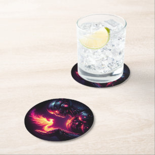 Dessous-de-verre Rond En Papier Esprit de feu de phénix de robot futuriste cyberné