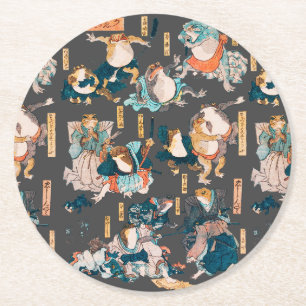 Dessous-de-verre Rond En Papier Estampe japonaise de grenouille sur bois Kuniyoshi