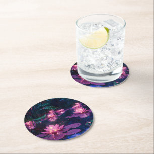 Dessous-de-verre Rond En Papier Étang de lotus rose Zen minuit