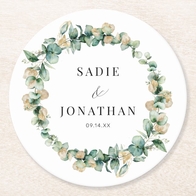 Dessous-de-verre Rond En Papier Eucalyptus Gold Elegant Mariage Wreath (Devant)