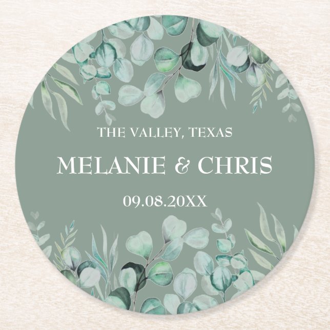 Dessous-de-verre Rond En Papier Eucalyptus Verdure Custom Boho Rustique Mariage (Devant)