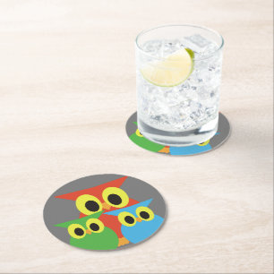 Dessous-de-verre Rond En Papier Famille de hiboux : Rouge, Vert et Bleu