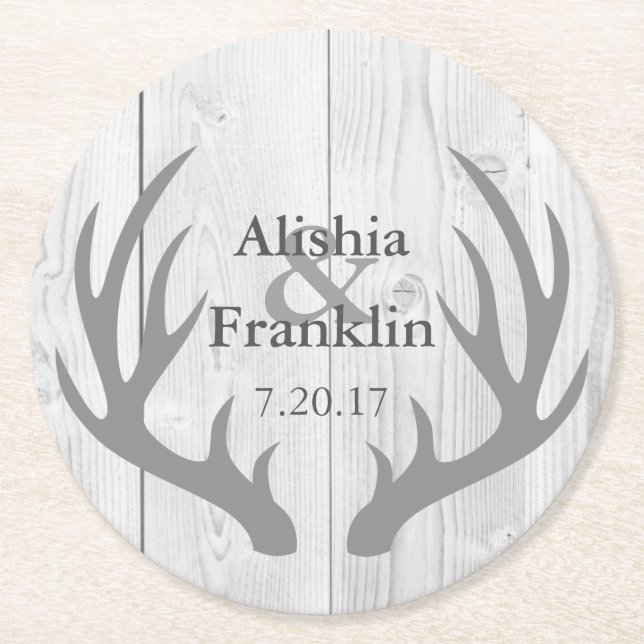 Dessous-de-verre Rond En Papier Farmhouse Grey Antlers Mariée et Mariage de chambr (Devant)