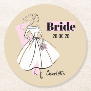 Dessous-de-verre Rond En Papier Fashion Bride Neutral Mariée Date Nom ronde