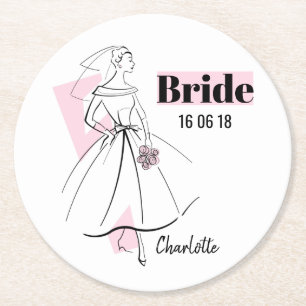 Dessous-de-verre Rond En Papier Fashion Bride Pink Bride Date Nom dessous de verre