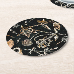 Dessous-de-verre Rond En Papier Faux Gold Beetles Fleurs Feuilles Fruits cerise