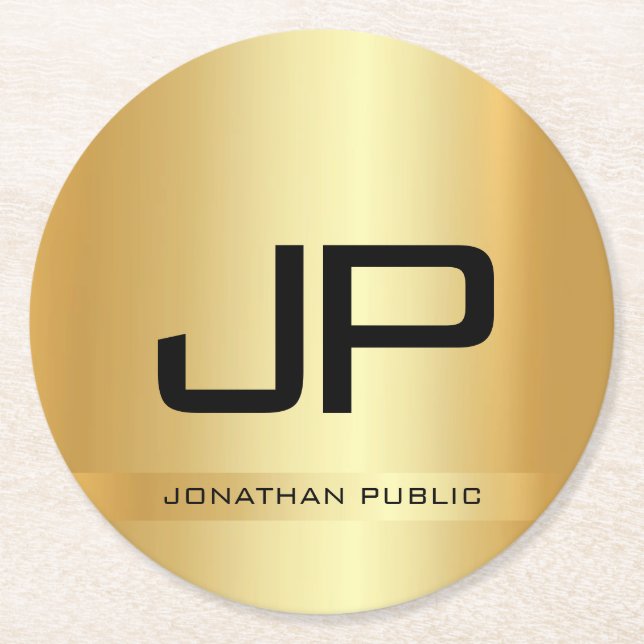 Dessous-de-verre Rond En Papier Faux Gold Elegant Monogramme Modèle moderne (Devant)