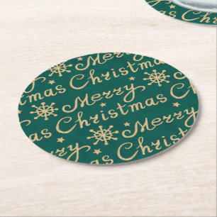 Dessous-de-verre Rond En Papier Faux Gold & Green Joyeux Noël Lettres