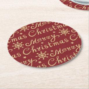 Dessous-de-verre Rond En Papier Faux Gold & Red Joyeux Noël Lettres