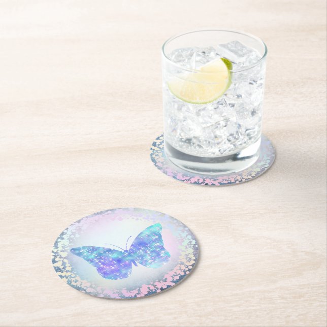 Dessous-de-verre Rond En Papier faux papillon bleu holographique (En situation)