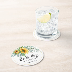 Dessous-de-verre Rond En Papier Faveur de mariage Tournesol Eucalyptus M & Mme 