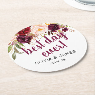 Dessous-de-verre Rond En Papier Favori de mariage Burgundy Floral Best Day Ever