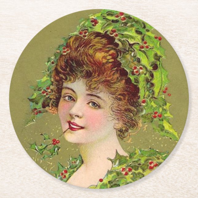 Dessous-de-verre Rond En Papier Femme aime Noël Holly (Devant)