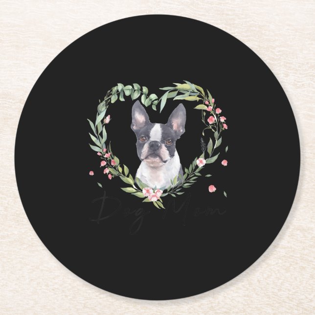 Dessous-de-verre Rond En Papier Femme mignonne Boston Terrier Maman Fleur Amoureux (Devant)