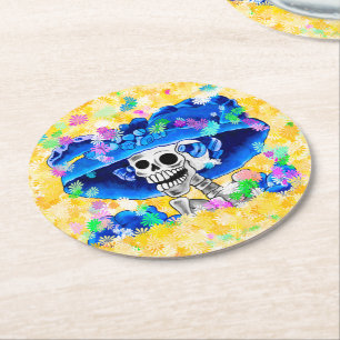 Dessous-de-verre Rond En Papier Femme squelette riant Dia De Los Muertos