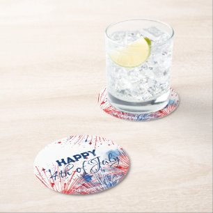 Dessous-de-verre Rond En Papier Festive Fireworks Happy 4 juillet texte personnali