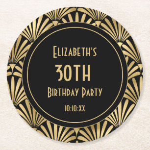 Dessous-de-verre Rond En Papier Fête d'anniversaire Art déco noir et or pour les 3