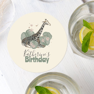 Dessous-de-verre Rond En Papier Fête d'anniversaire botanique avec une girafe mign