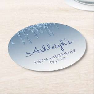 Dessous-de-verre Rond En Papier Fête d'anniversaire de 18 ans Blue Glitter Drip 