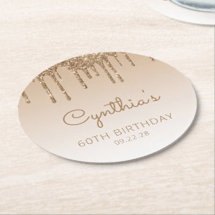 Dessous-de-verre Rond En Papier Fête d'anniversaire de 60 ans Gold Glitter Drip