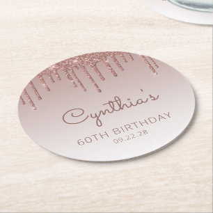 Dessous-de-verre Rond En Papier Fête d'anniversaire de 60 ans Rose Gold Glitter Dr