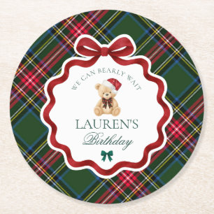 Dessous-de-verre Rond En Papier Fête d'anniversaire de l'ours à carreaux tartan ve