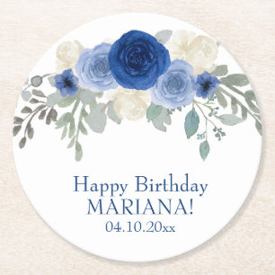 Dessous-de-verre Rond En Papier Fête d'anniversaire élégante florale bleu marine
