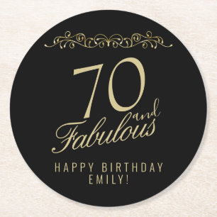 Dessous-de-verre Rond En Papier Fête d'anniversaire élégante noire 70 et fabuleuse