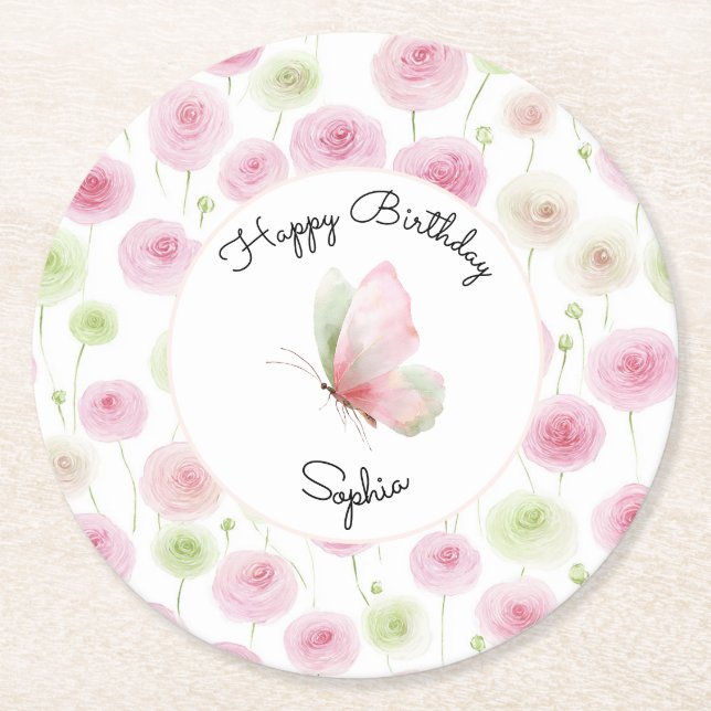 Dessous-de-verre Rond En Papier Fête d'anniversaire florale au renoncule rose ment (Devant)