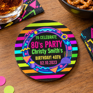 Dessous-de-verre Rond En Papier Fête d'anniversaire personnalisée néon rétro 80