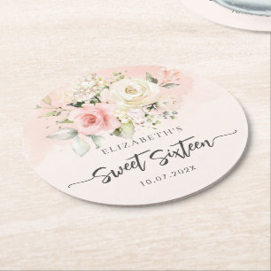 Dessous-de-verre Rond En Papier Fête d'anniversaire Sweet 16 écriture florale rose