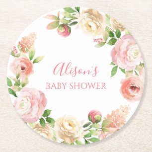 Dessous-de-verre Rond En Papier Fête de bébé fille élégante aux roses roses floral